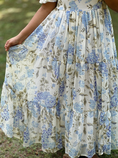 Iriselle White and Blue Floral  3 Tiered Dress
