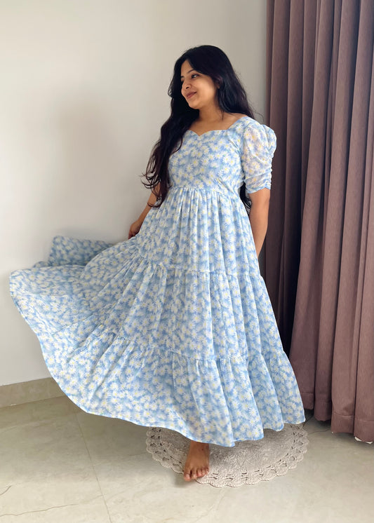 Blue Daisy 3 Tiered Midi Dress