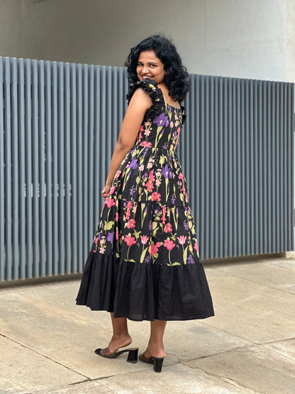 Zeya Black 3 tiered midi  Dress