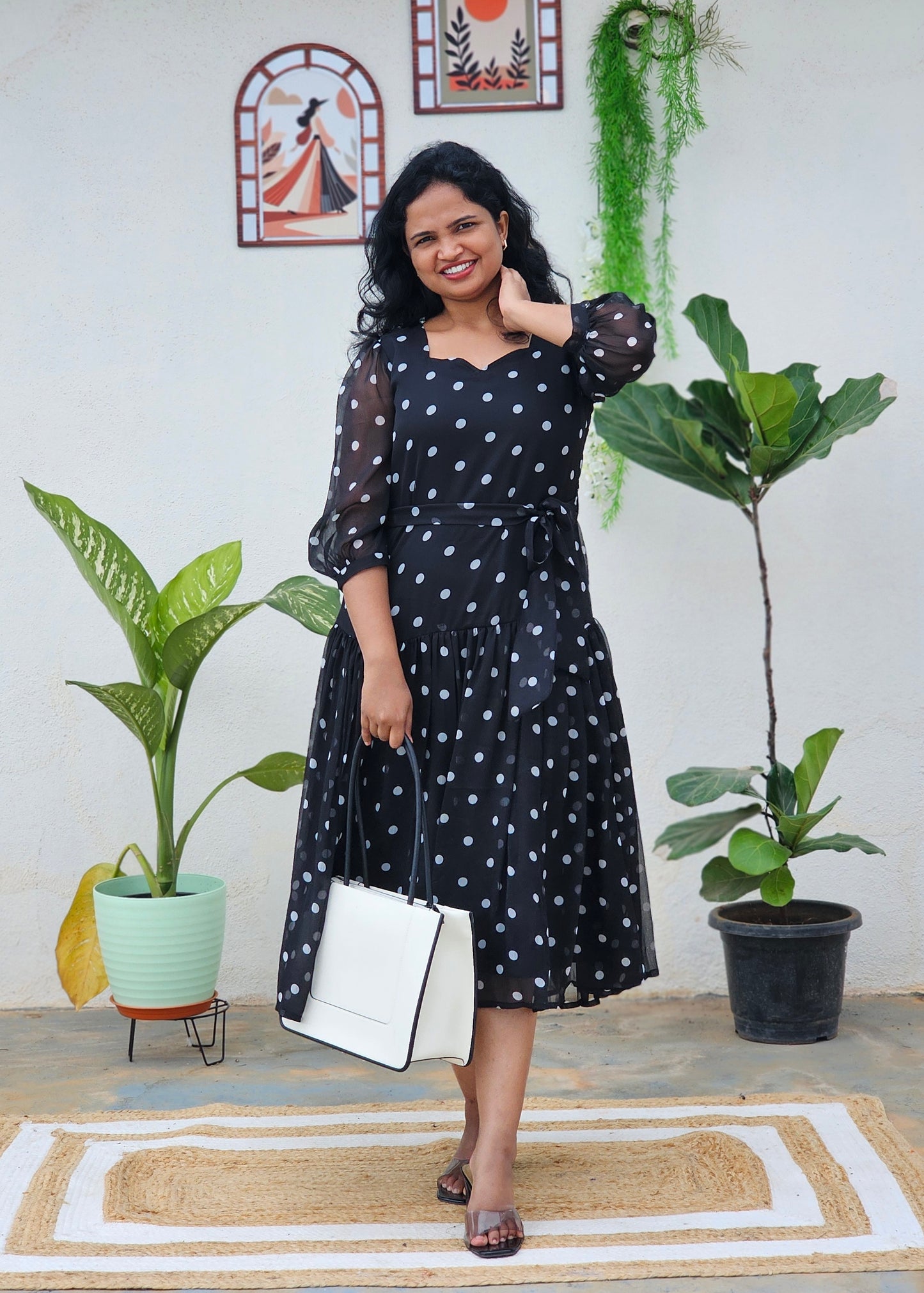 Black polka dots A line dress
