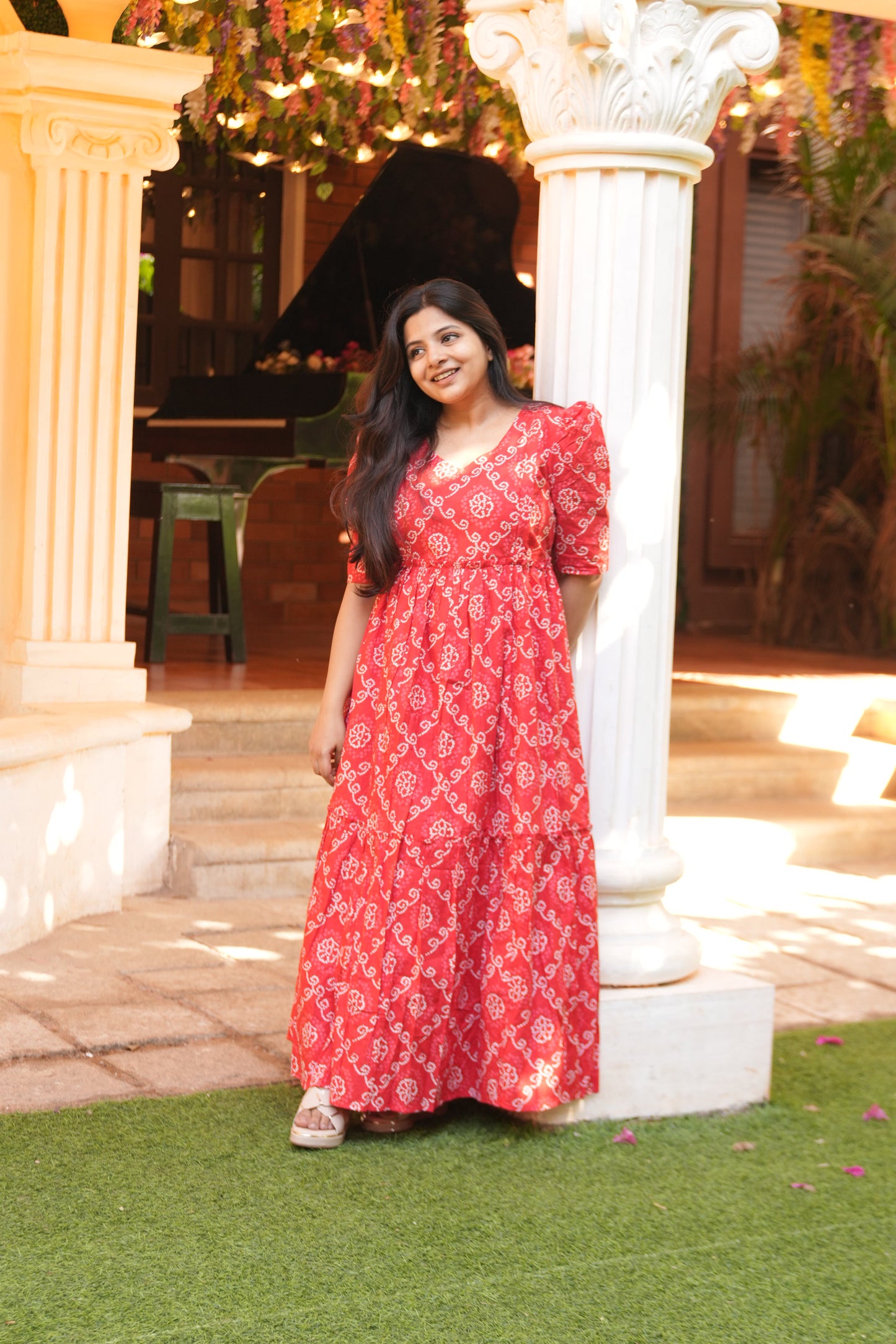 Irene Red Bandhani Print Cotton Maxi Dress