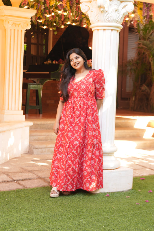 Irene Red Bandhani Print Cotton Maxi Dress