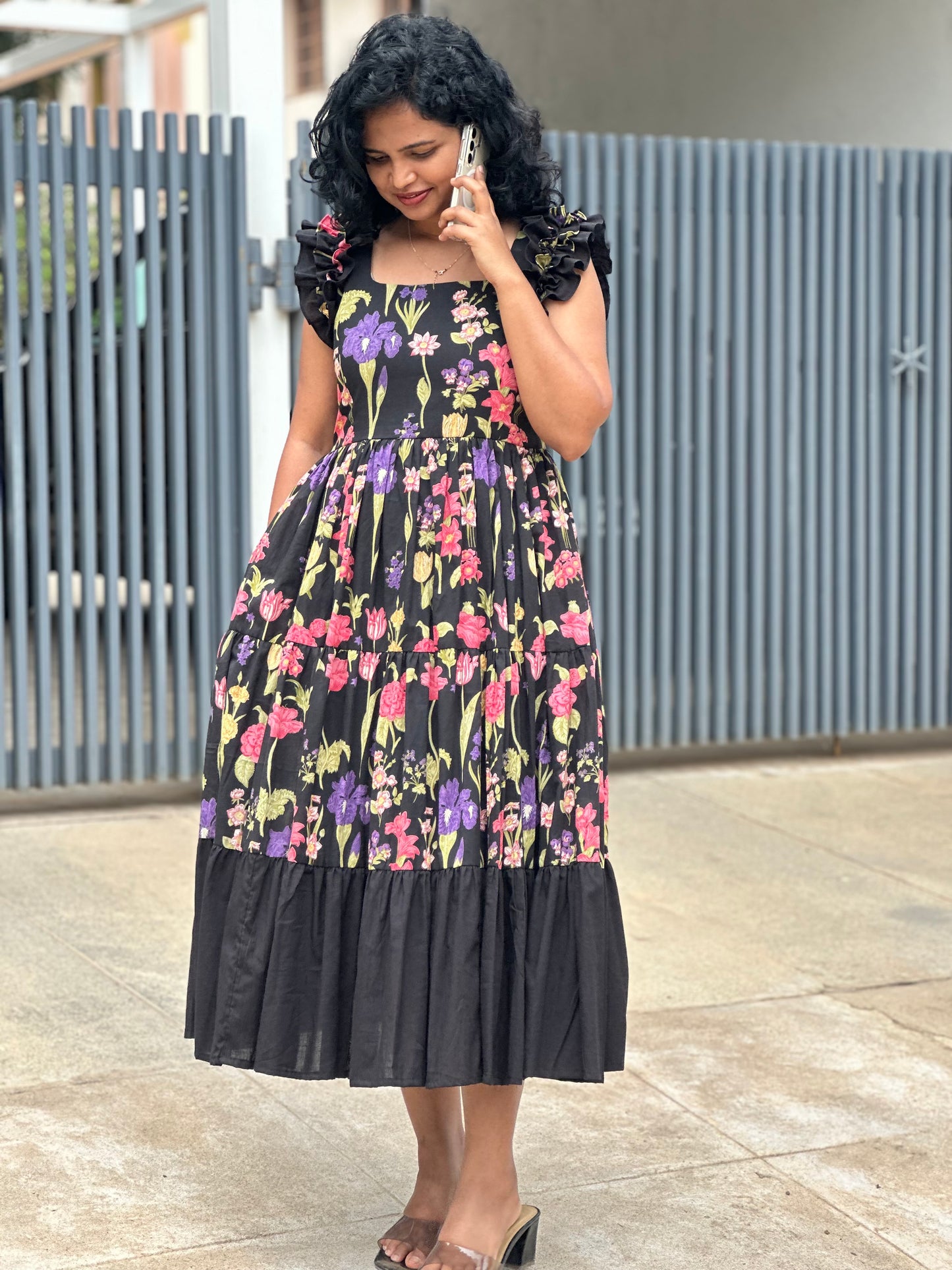 Zeya Black 3 tiered midi  Dress