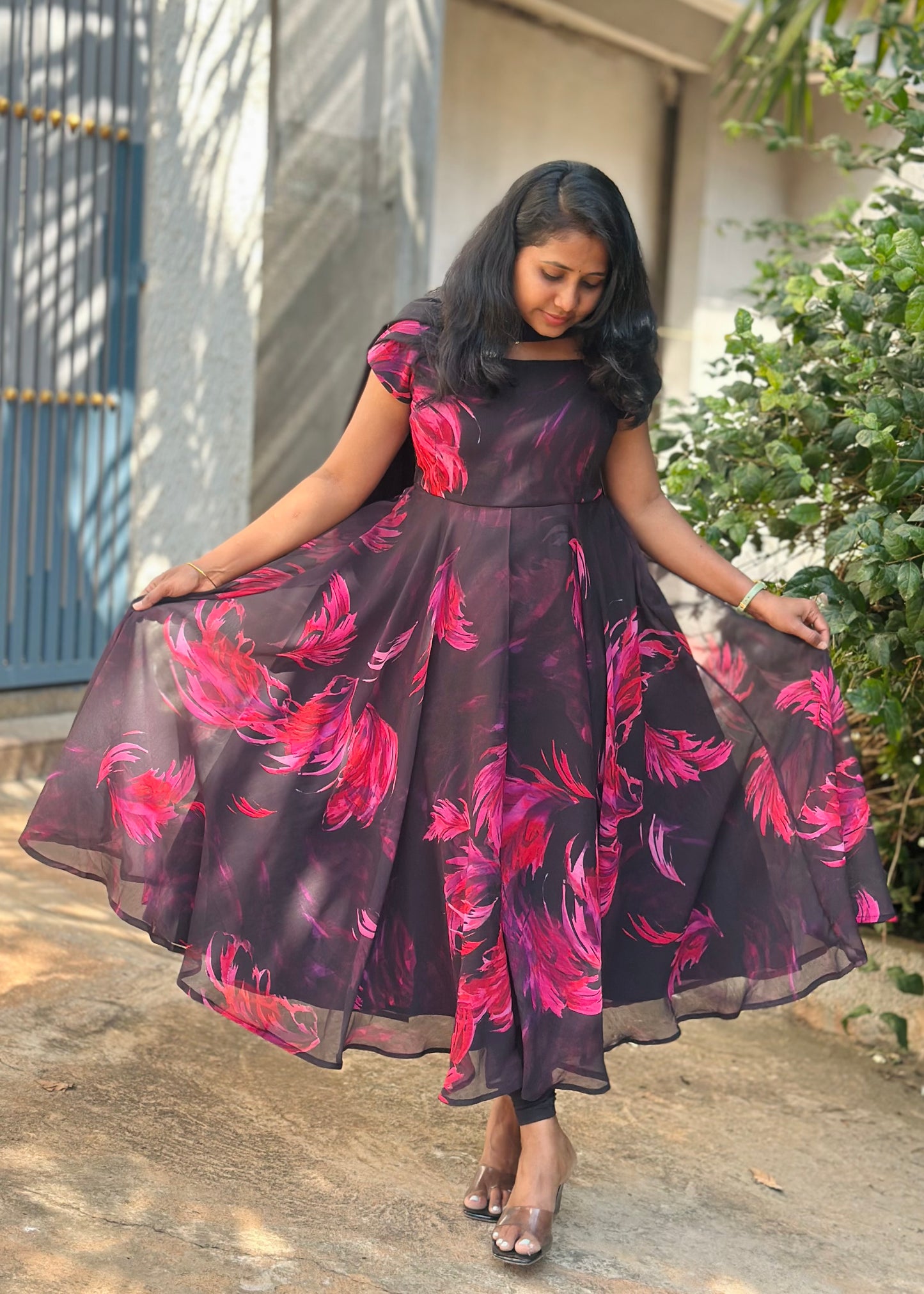 Black with Pink feather print Anarkali