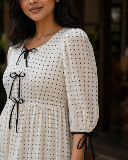 Novie Ivory Polka Bow Chiffon Dress