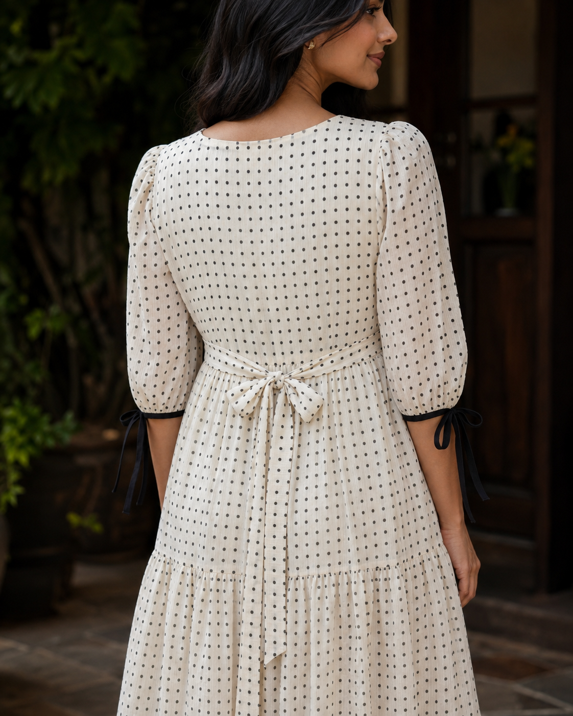 Novie Ivory Polka Bow Chiffon Dress