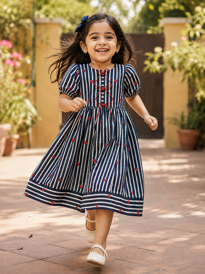 Girls Navy Stripe Heart-Print Cotton Dress with Puff Sleeves & Tie Detail