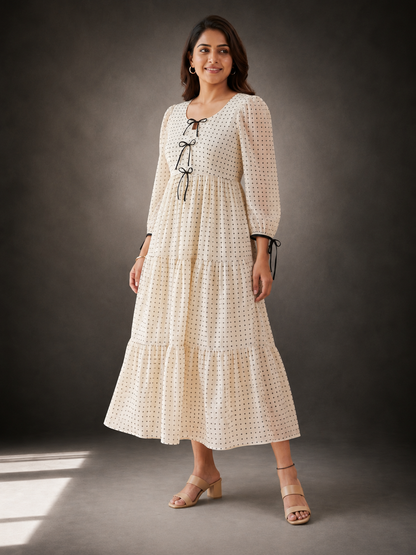 Novie Ivory Polka Bow Chiffon Dress