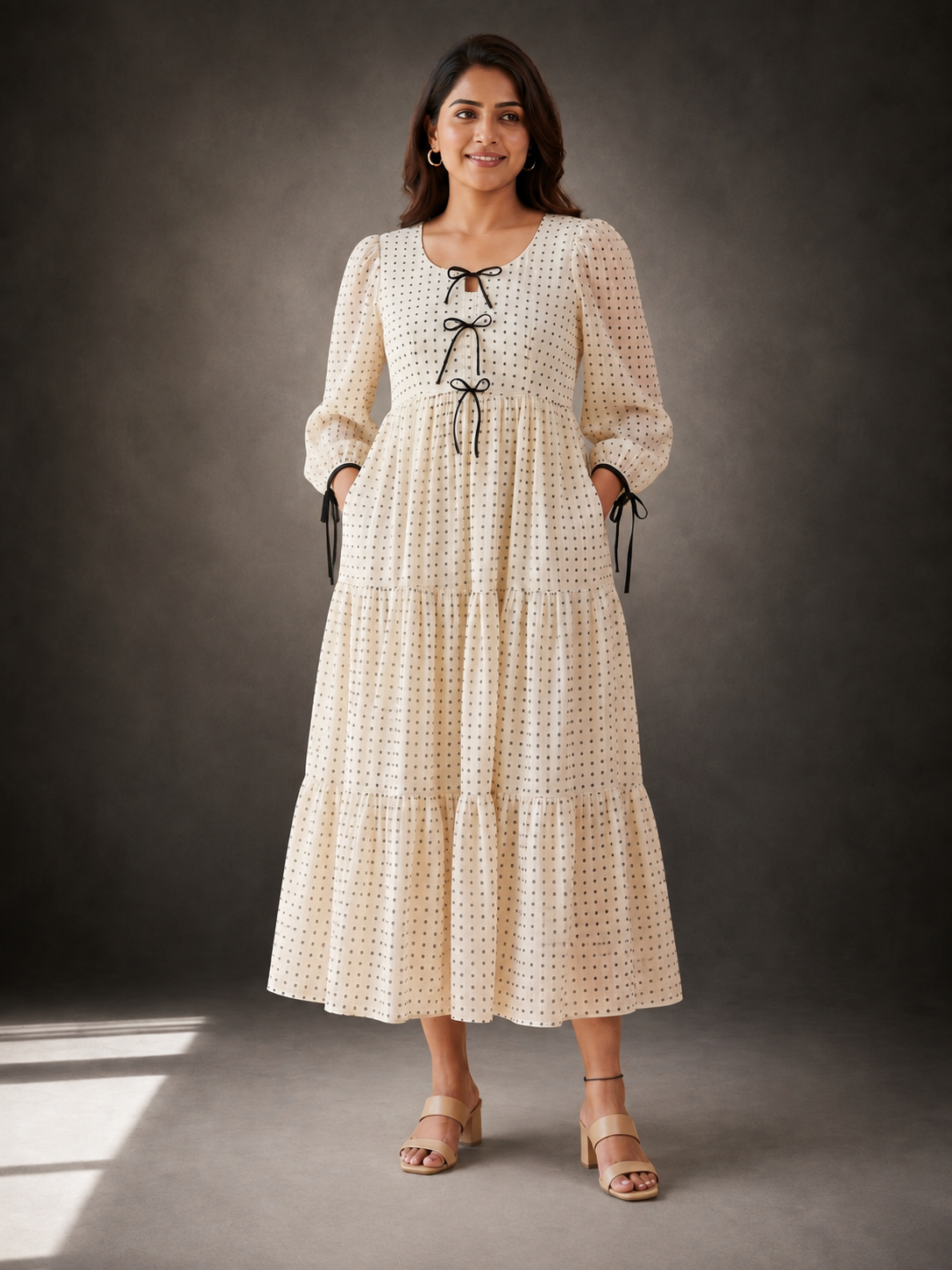 Novie Ivory Polka Bow Chiffon Dress