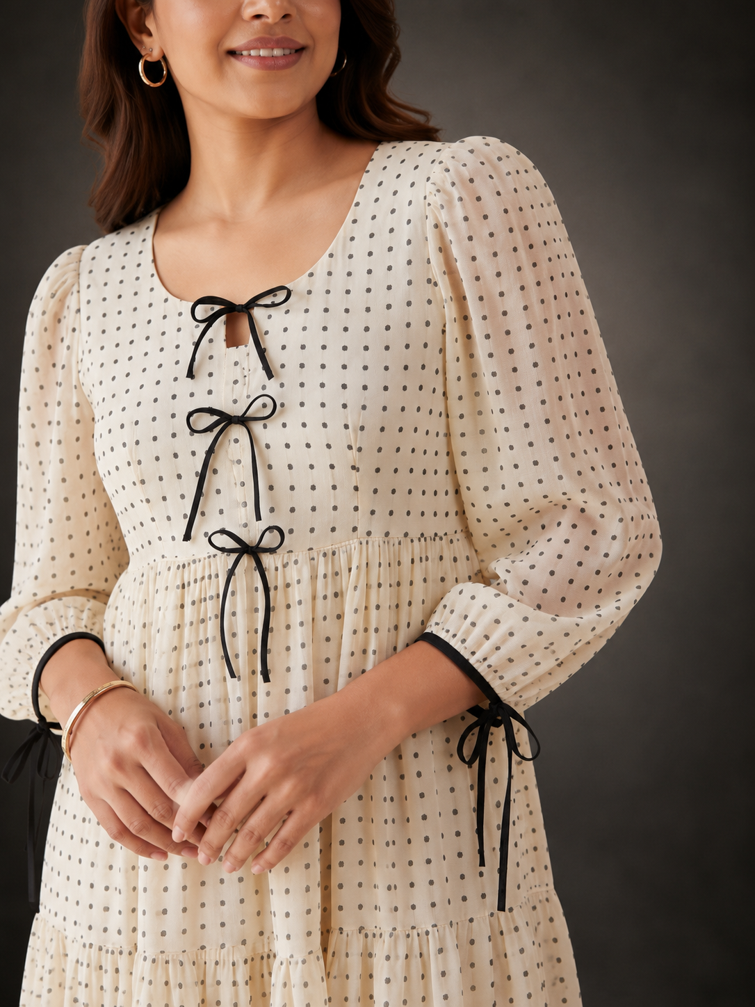 Novie Ivory Polka Bow Chiffon Dress