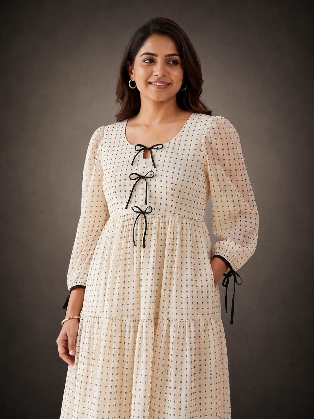 Novie Ivory Polka Bow Chiffon Dress