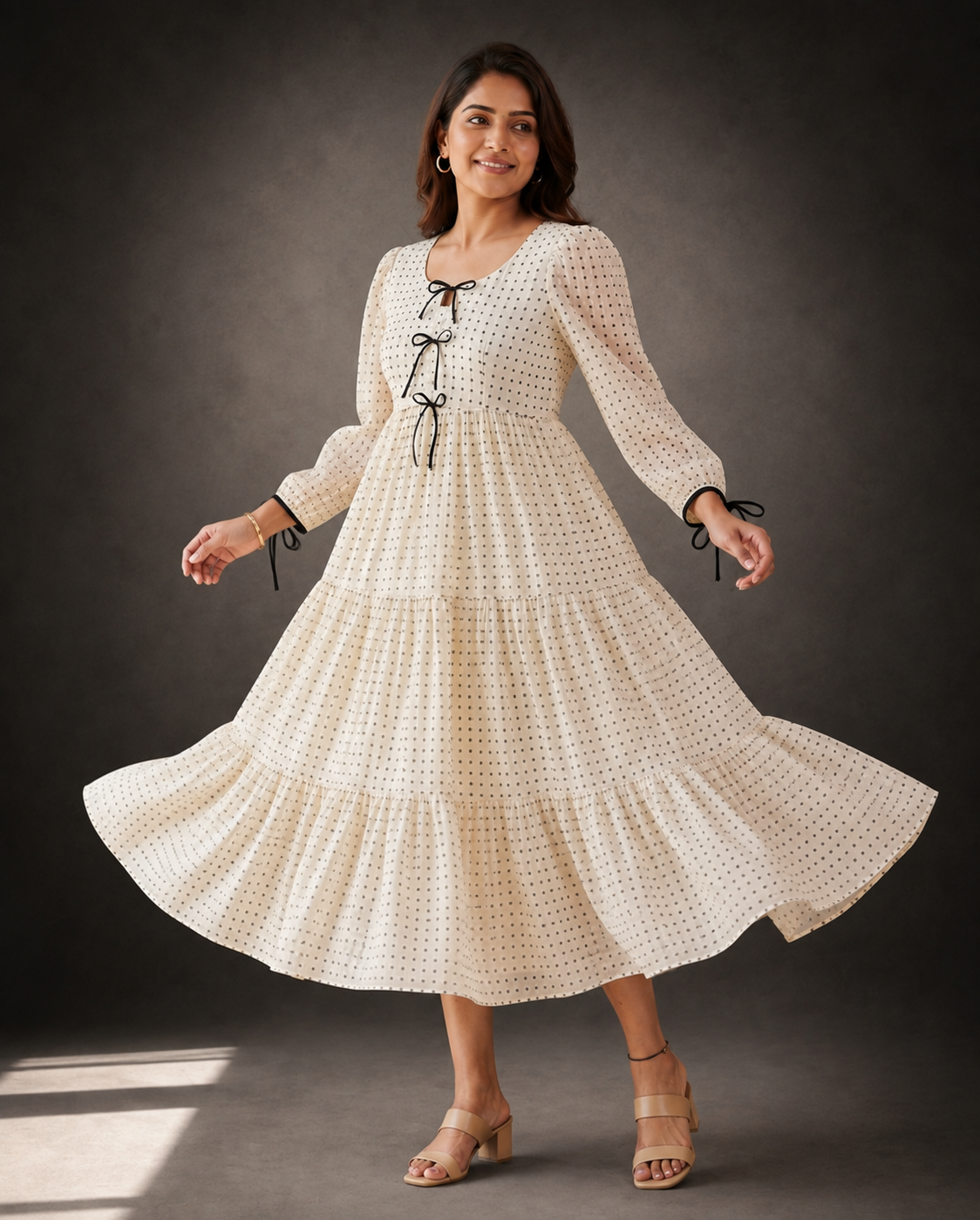 Novie Ivory Polka Bow Chiffon Dress