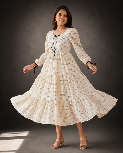 Novie Ivory Polka Bow Chiffon Dress