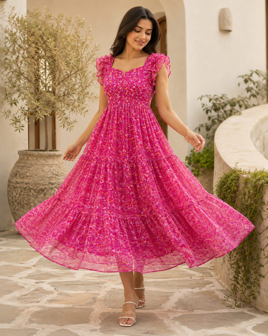 Anantika Fuchsia Ruffle Shoulder Chiffon Midi Dress