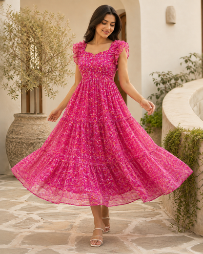 Anantika Fuchsia Ruffle Shoulder Chiffon Midi Dress