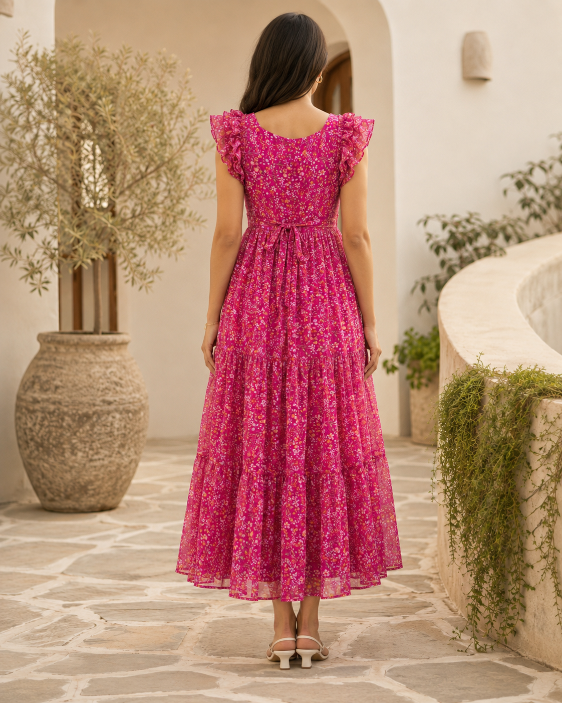 Anantika Fuchsia Ruffle Shoulder Chiffon Midi Dress