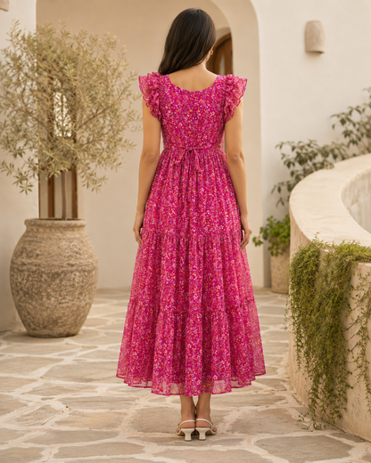 Anantika Fuchsia Ruffle Shoulder Chiffon Midi Dress