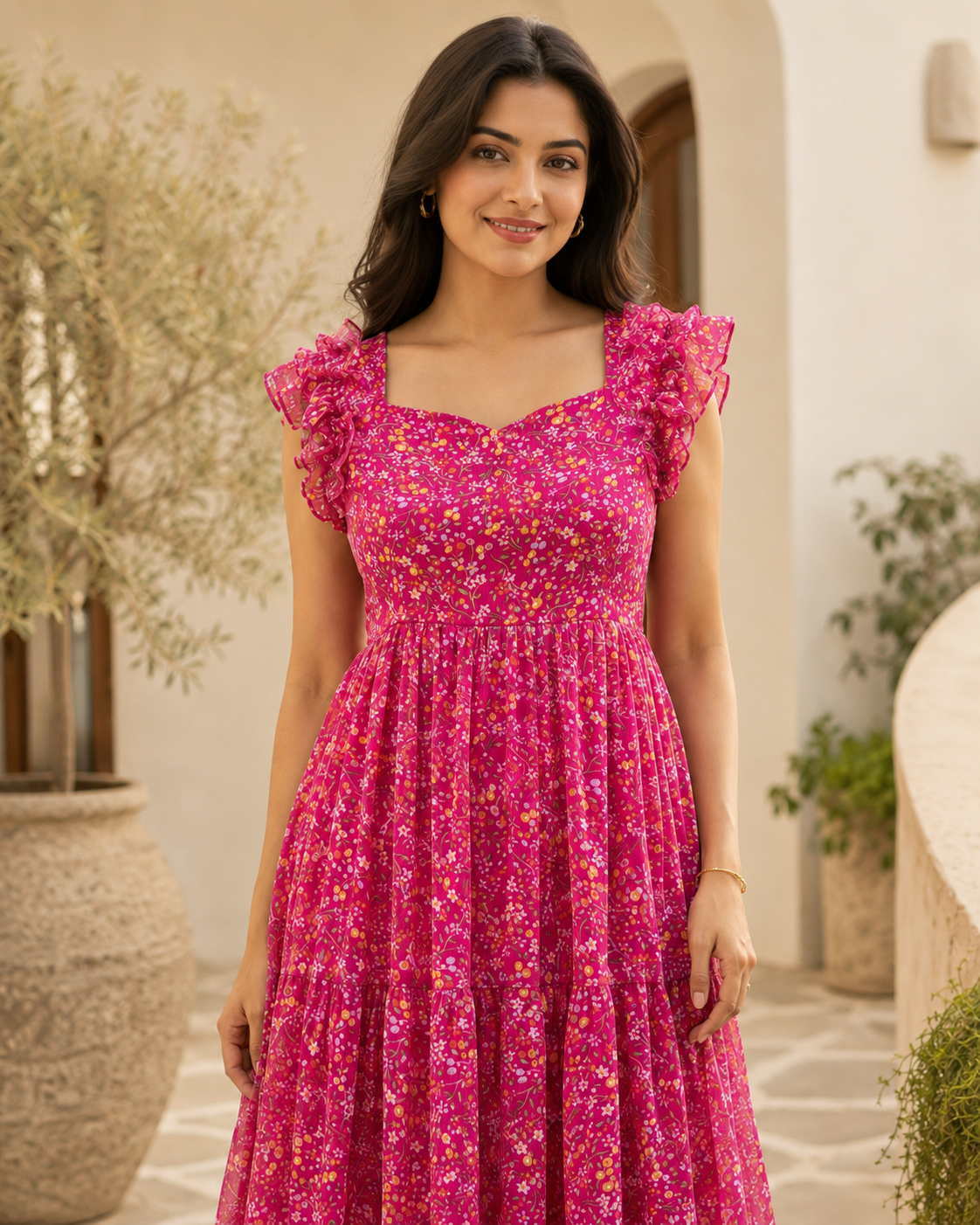Anantika Fuchsia Ruffle Shoulder Chiffon Midi Dress