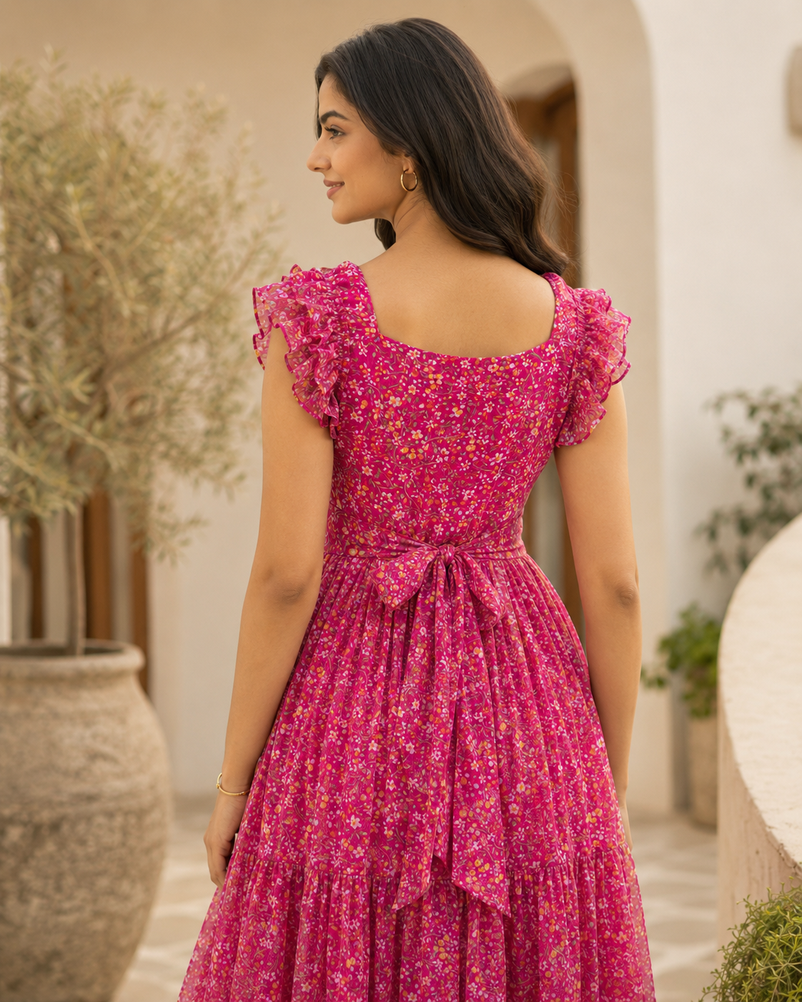 Anantika Fuchsia Ruffle Shoulder Chiffon Midi Dress