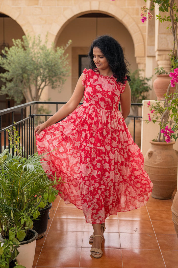Midora Red Chiffon tiered dress