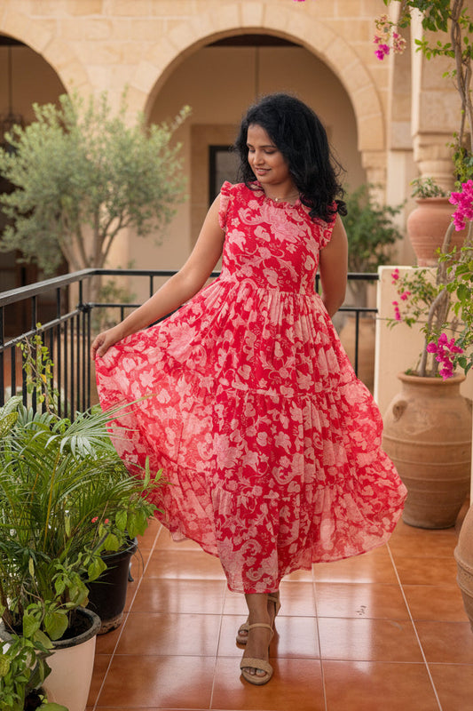 Midora Red Chiffon tiered dress
