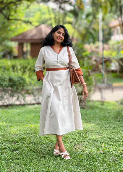Cotton Linen Midi Dress with Collar, Pockets-Ivory Colour – Office Wear – Ready to Ship
