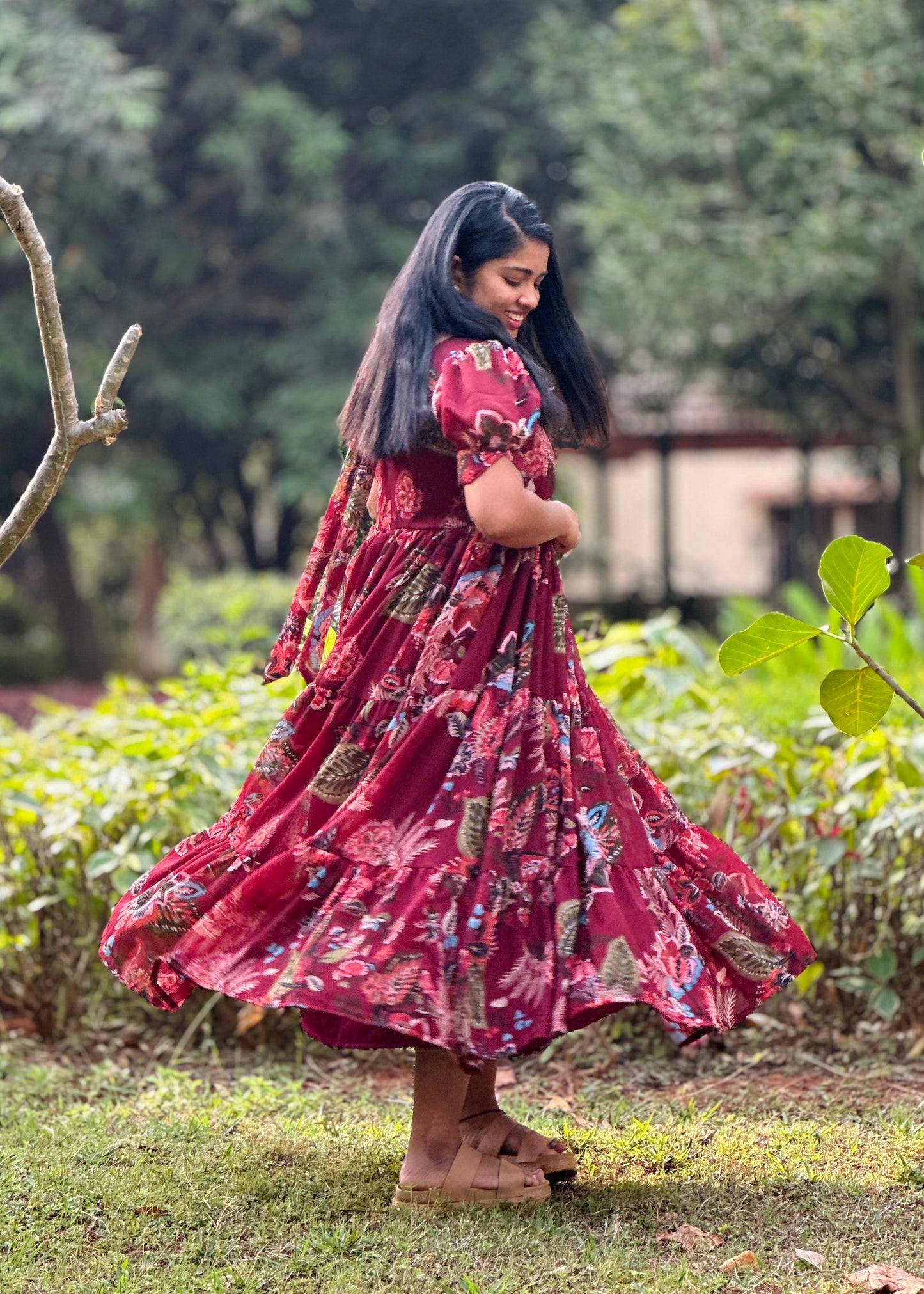 Sienora Maroon Floral  3 Tiered Dress