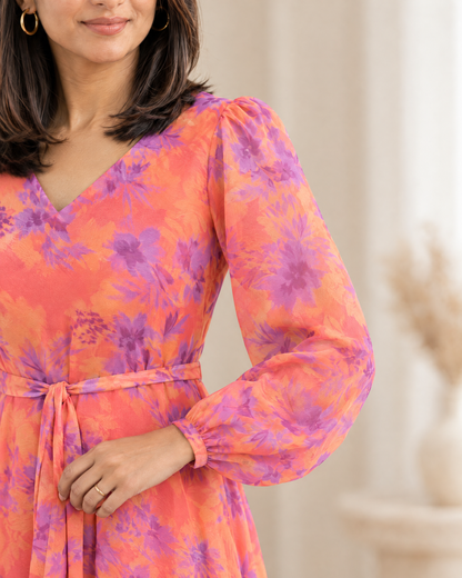 Sunset Splash oral Orange Floral Flared Dress