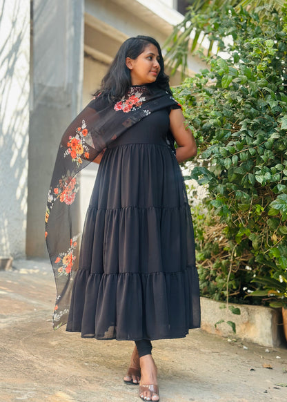 Black Tiered Anarkali with printed dupatta