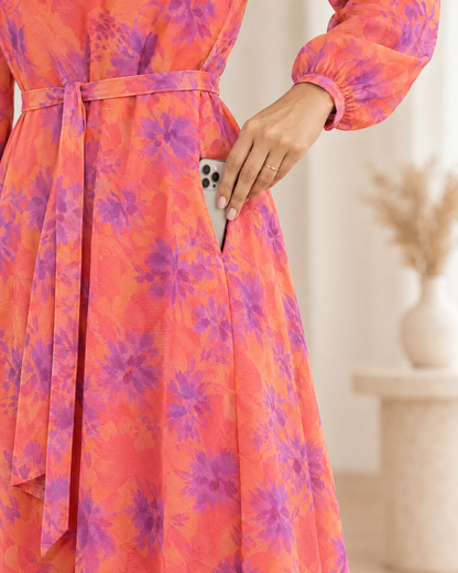 Sunset Splash oral Orange Floral Flared Dress