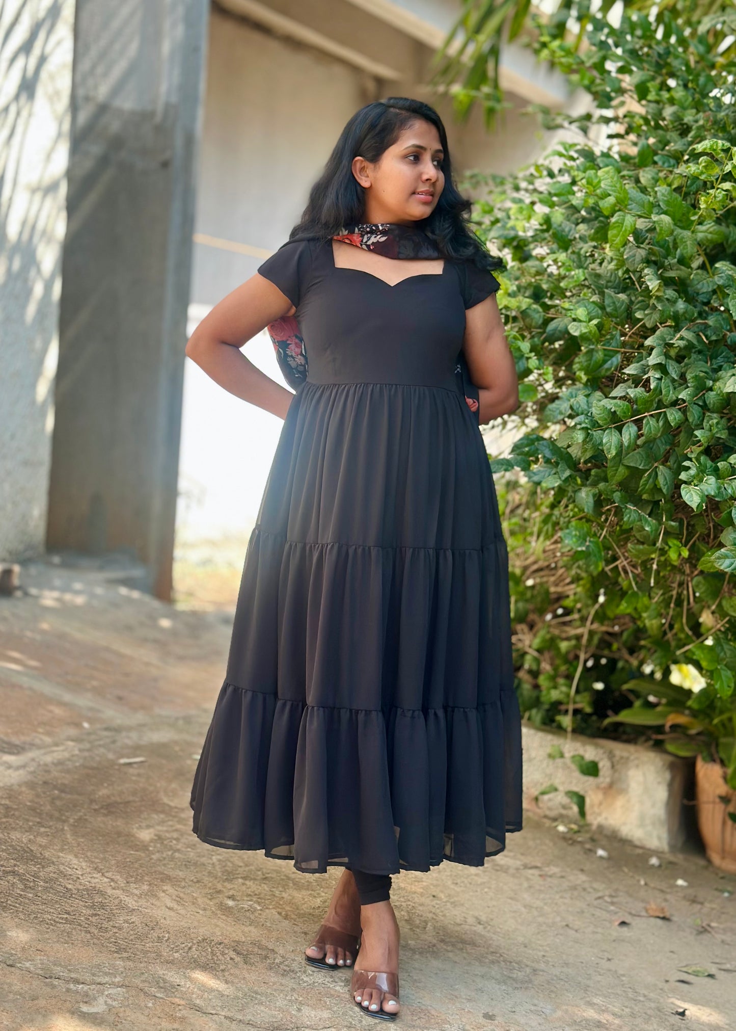 Black Tiered Anarkali with printed dupatta