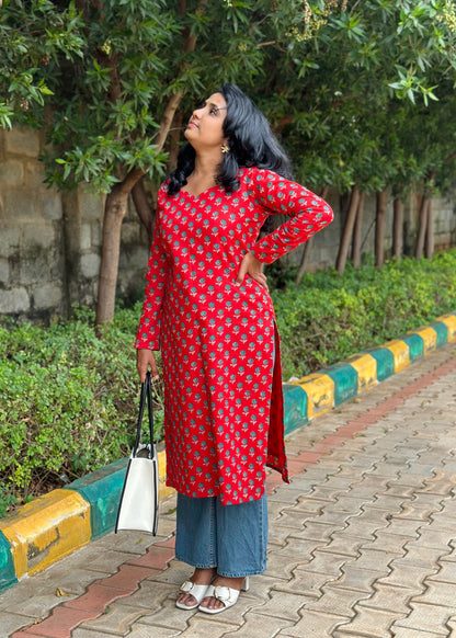 Red rose kurta with lining
