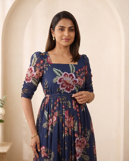 Indigo Charm Georgette Midi Dress