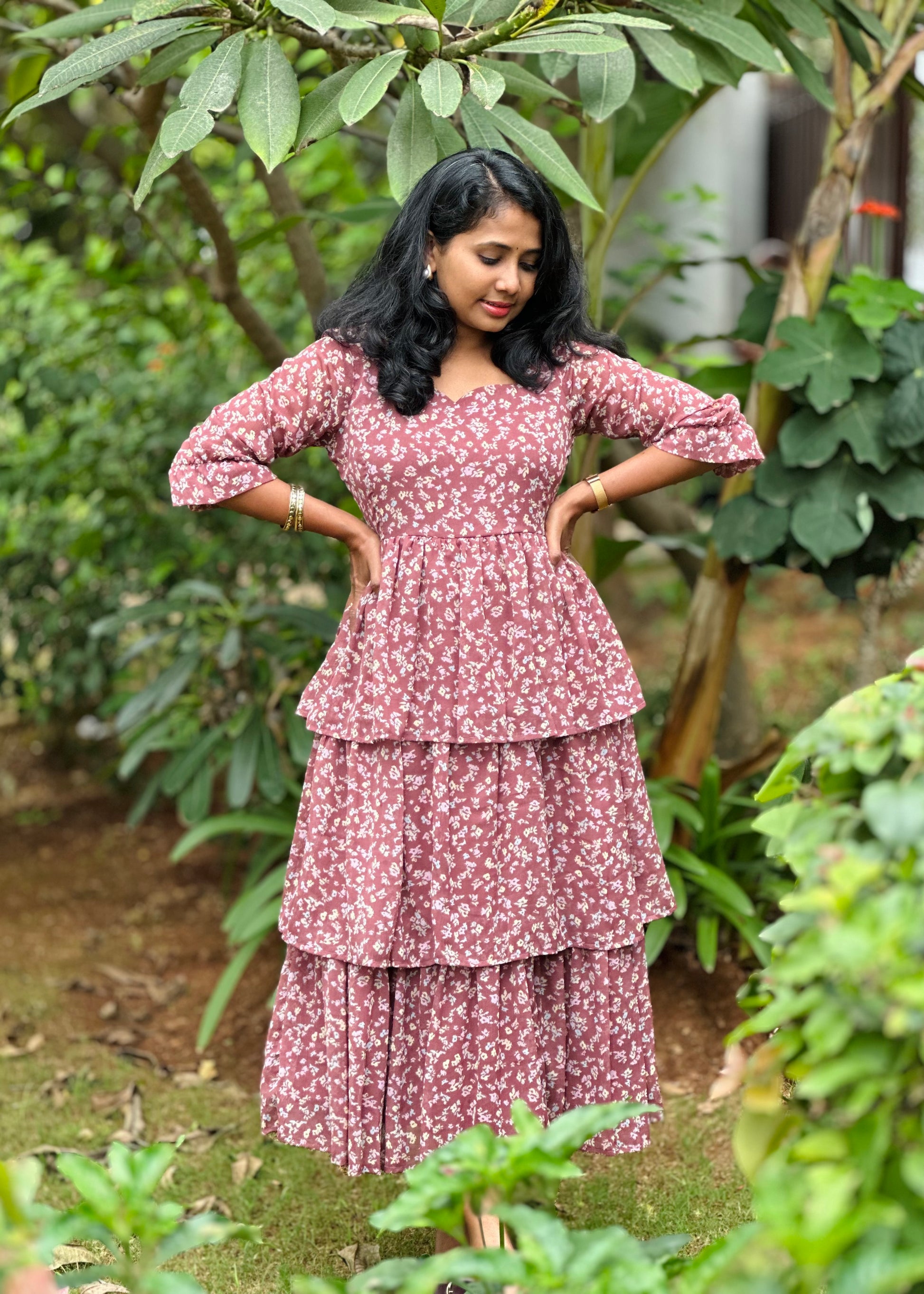 3 layered dress 3 Tiered Layered Dress Smock W/Yellow Floral & Green Contrast Dress