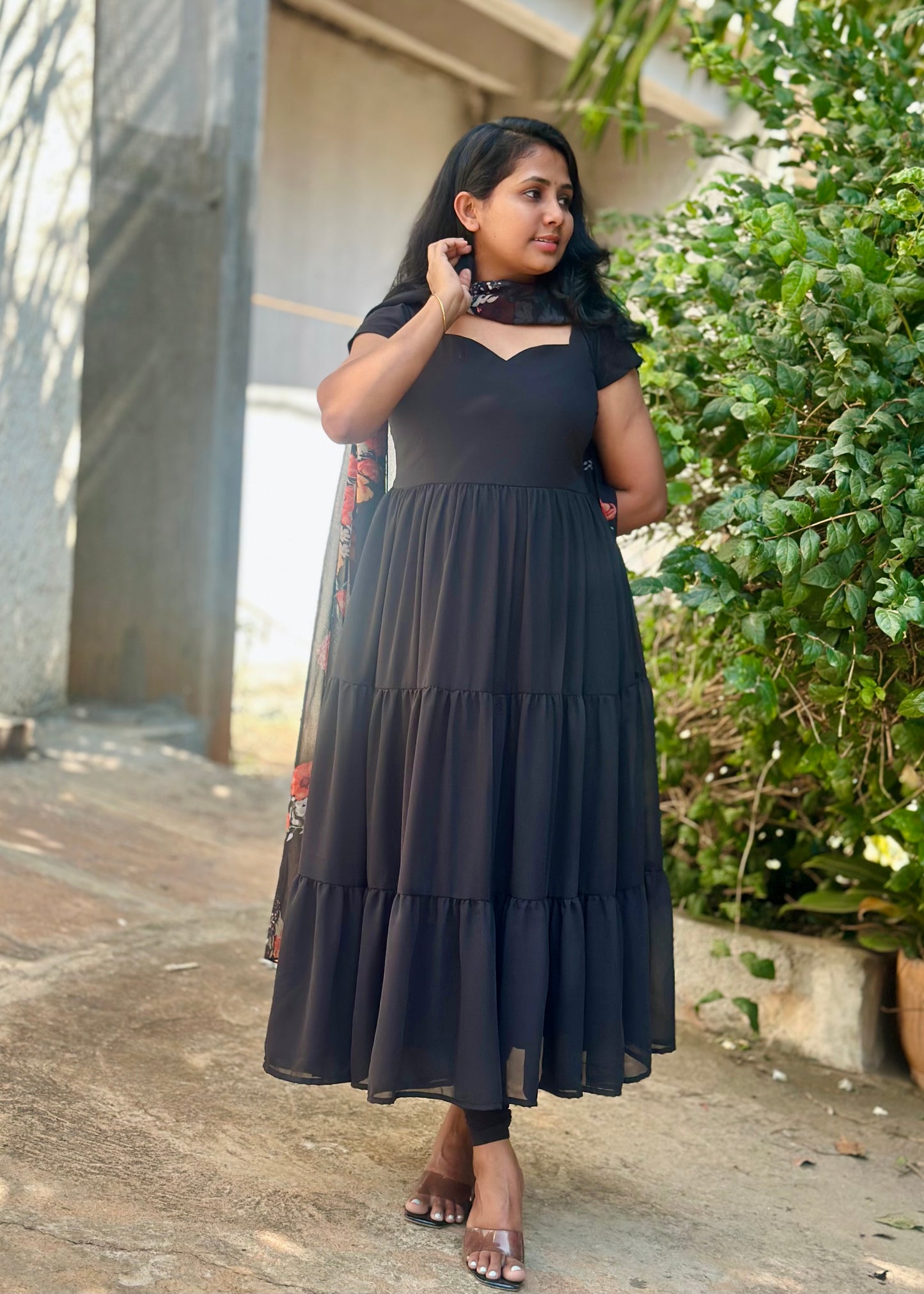 Black Tiered Anarkali with printed dupatta