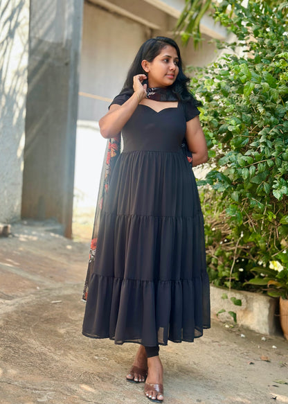 Black Tiered Anarkali with printed dupatta
