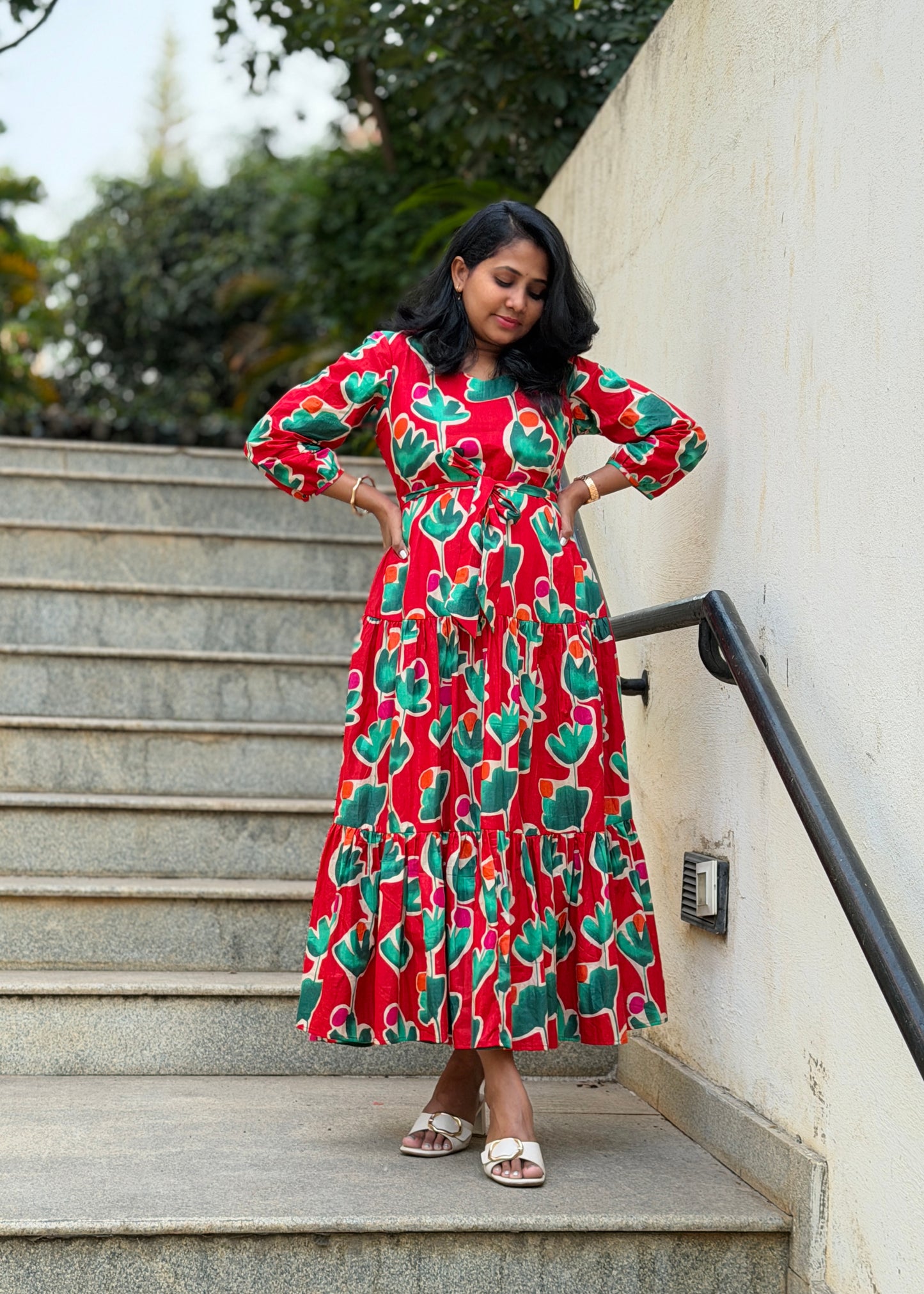 Carina Cotton Maxi Dress — Red Bold Print