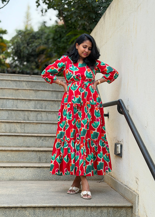 Carina Cotton Maxi Dress — Red Bold Print