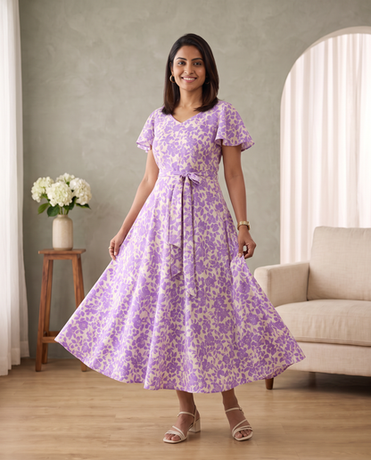 Lilac Poetry  Floral Flared Dress