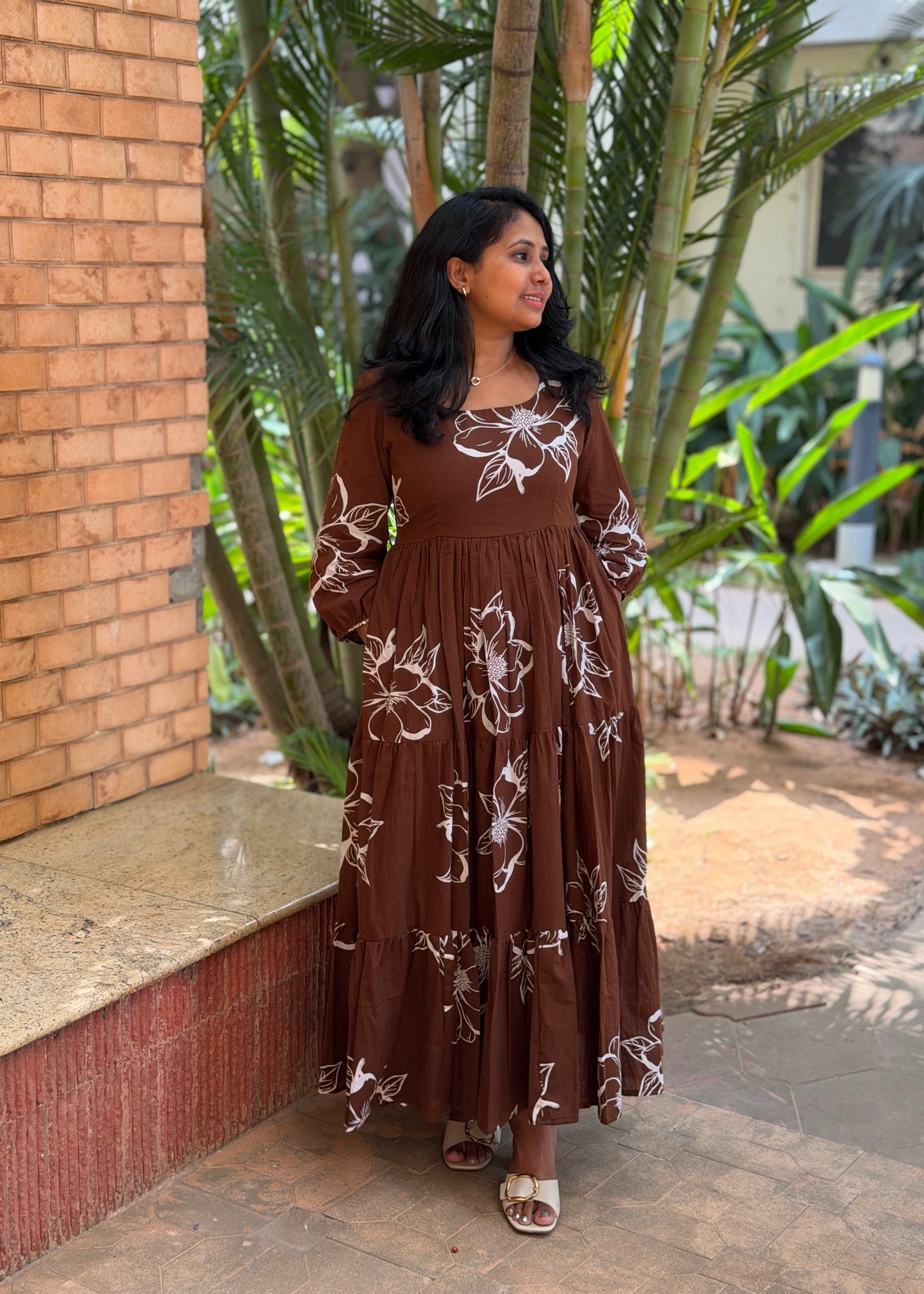 Siena Cotton Maxi Dress — Brown Floral Print