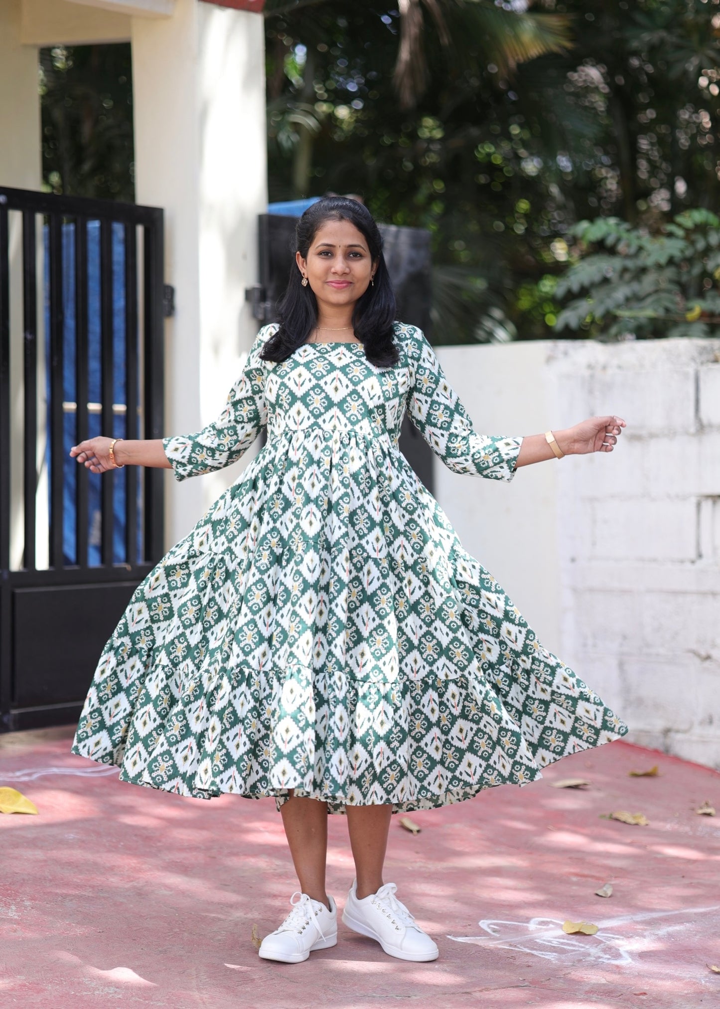 Jinisha Patola Print Cotton 3 Tier Midi Dress