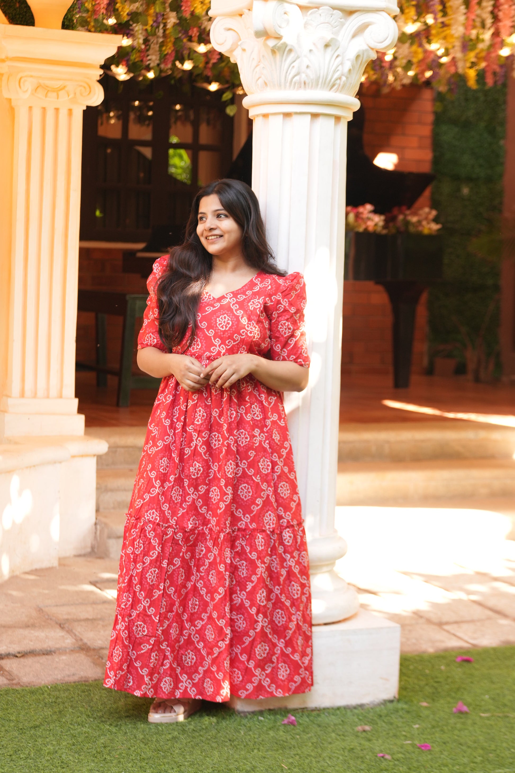 Irene Red Bandhani Print Cotton Maxi Dress Irene Red Bandhani Print Cotton Maxi Dress