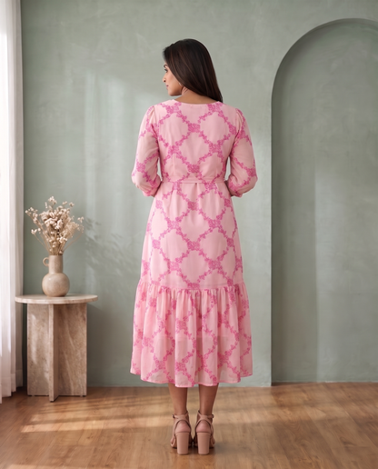 Rose Tangle Blush Pink Floral Midi Dress