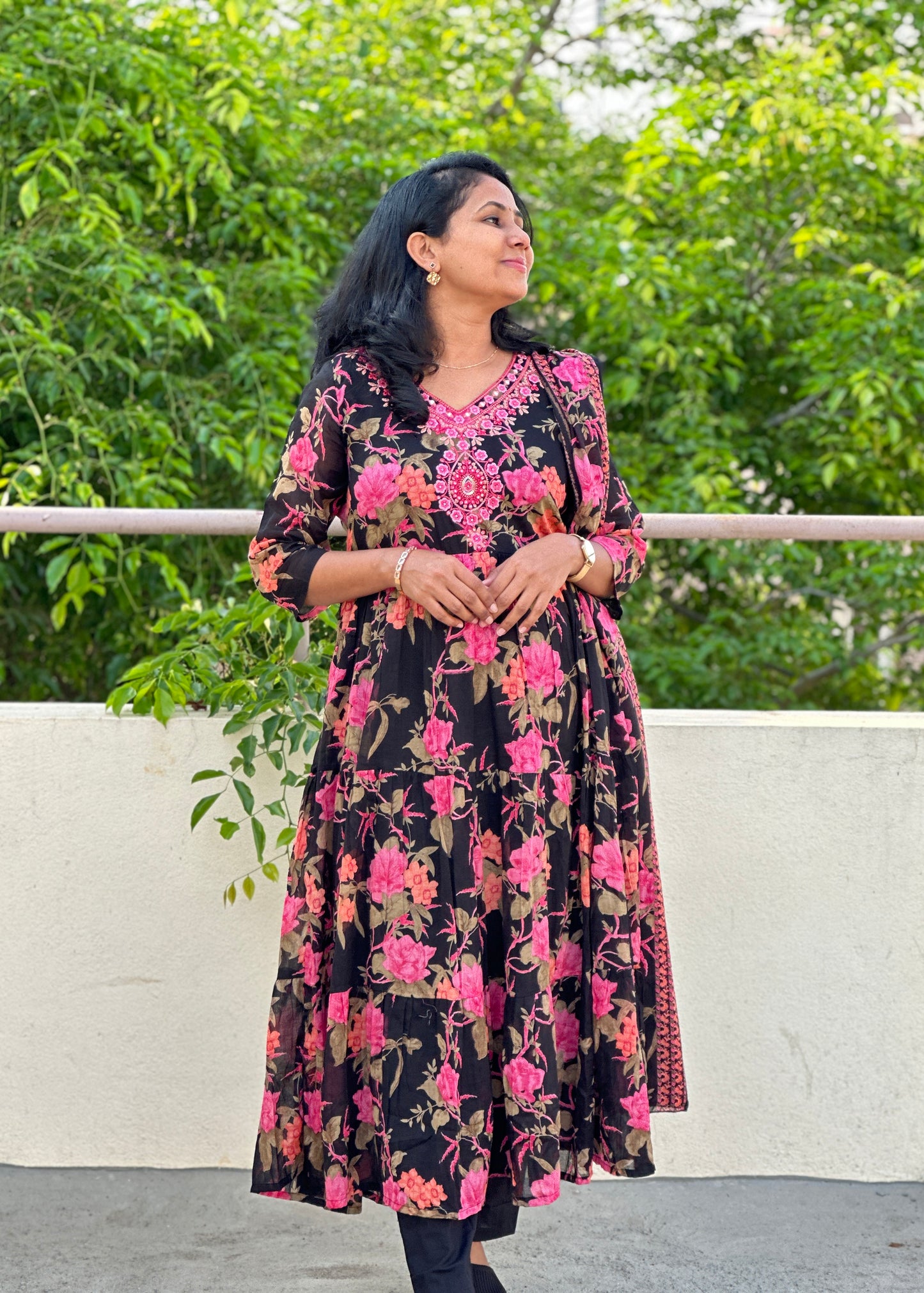 Black Floral Mul Mul Kurta Set