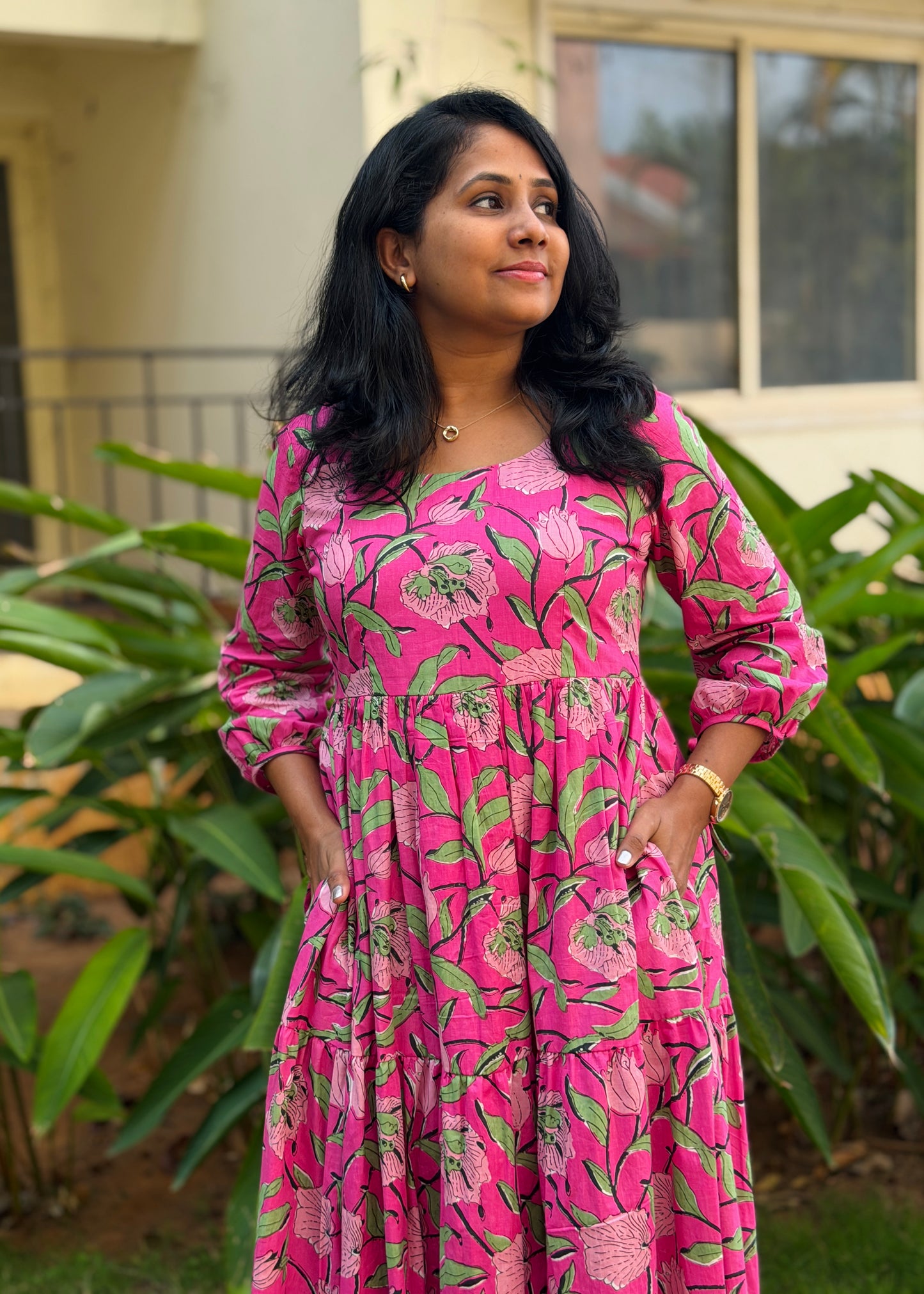 Rosa Cotton Maxi Dress — Pink Floral Print