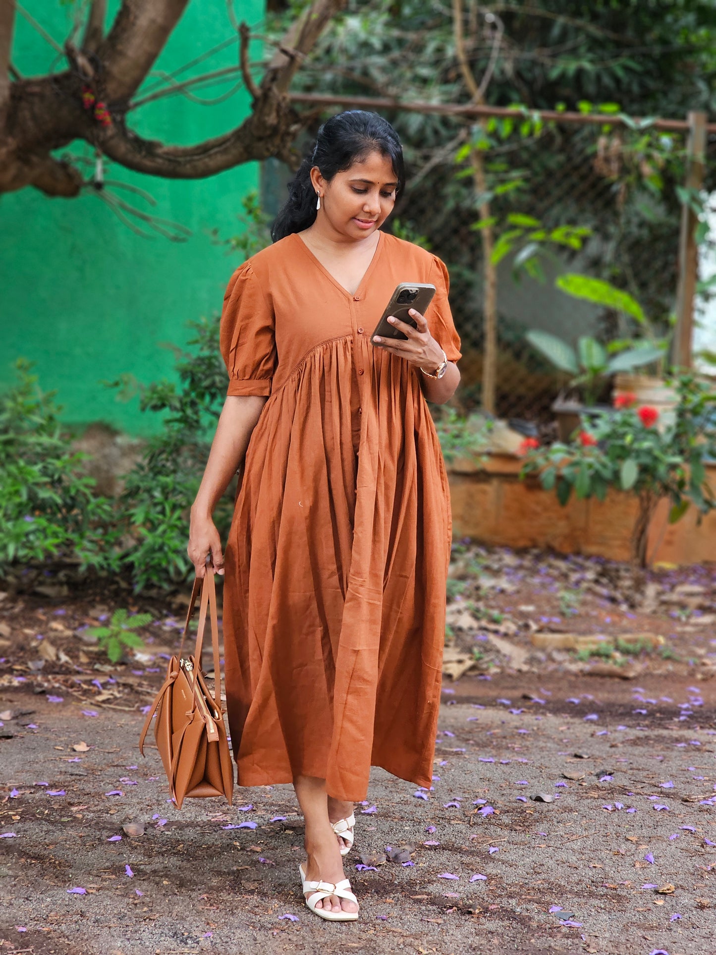 Rust Brown Cotton Midi Dress- Ready to ship