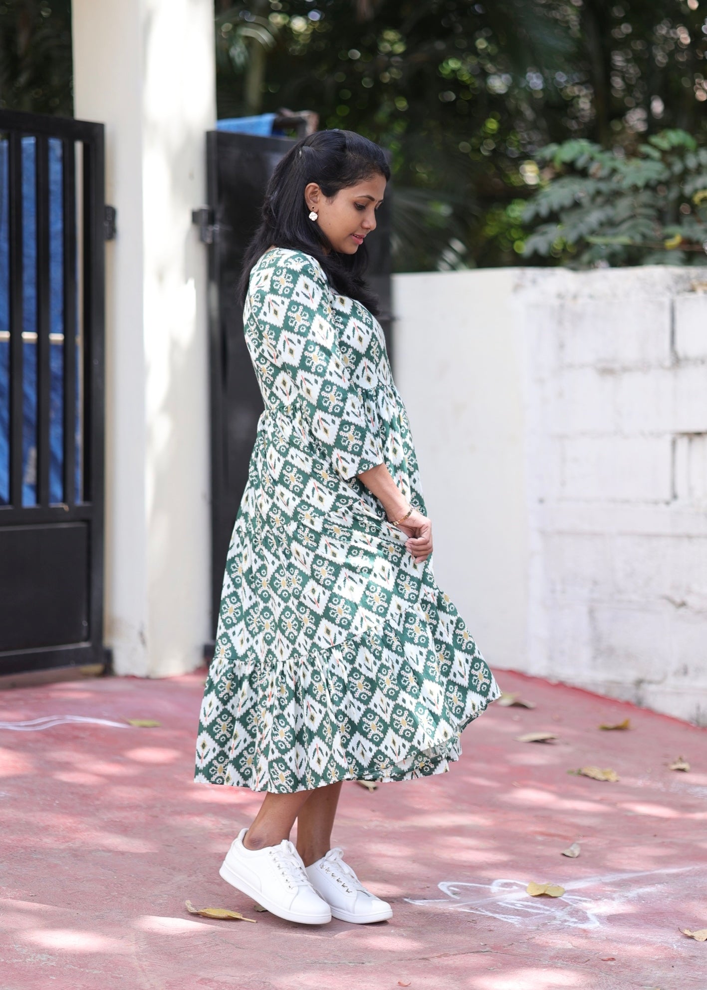 Jinisha Patola Print Cotton 3 Tier Midi Dress