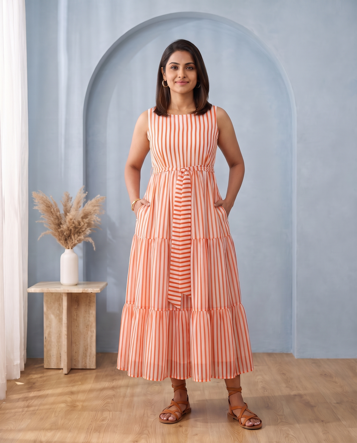 Citrus Lane Orange Striped Tiered Maxi Dress
