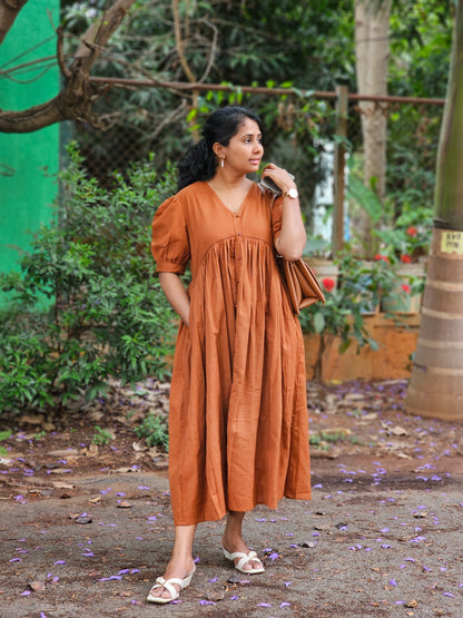 Rust Brown Cotton Midi Dress- Ready to ship