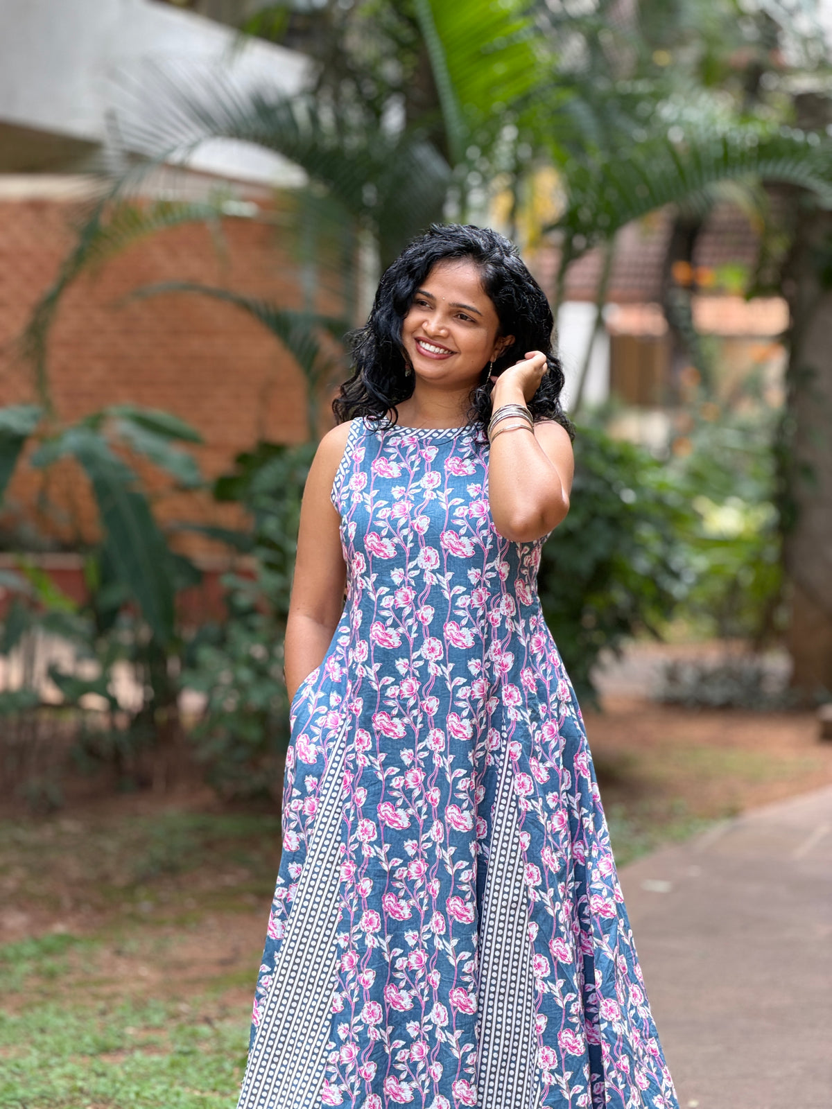 Nessa Gray Floral Panelled Cotton Midi Dress